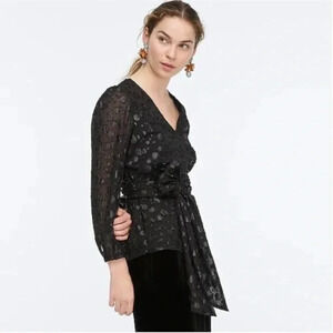 J. Crew Tie-waist V-neck top in black metallic dot jacquard size small